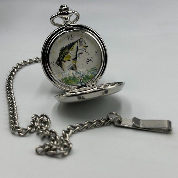 Al Agnew Pocket Watch Men Silver Tone Bass Fish Dial Chain Included New Battery - Picture 5 of 12